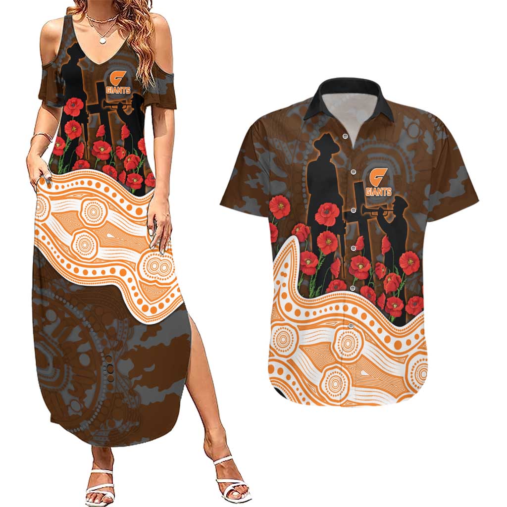 GWS Giants ANZAC Day Couples Matching Summer Maxi Dress and Hawaiian Shirt Indigenous Dot Art with Poppy Flower Tribute