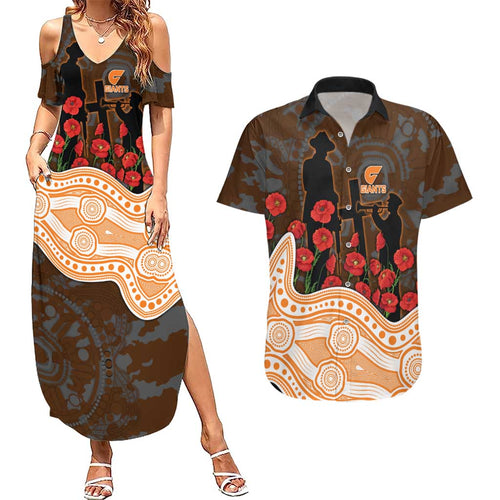GWS Giants ANZAC Day Couples Matching Summer Maxi Dress and Hawaiian Shirt Indigenous Dot Art with Poppy Flower Tribute