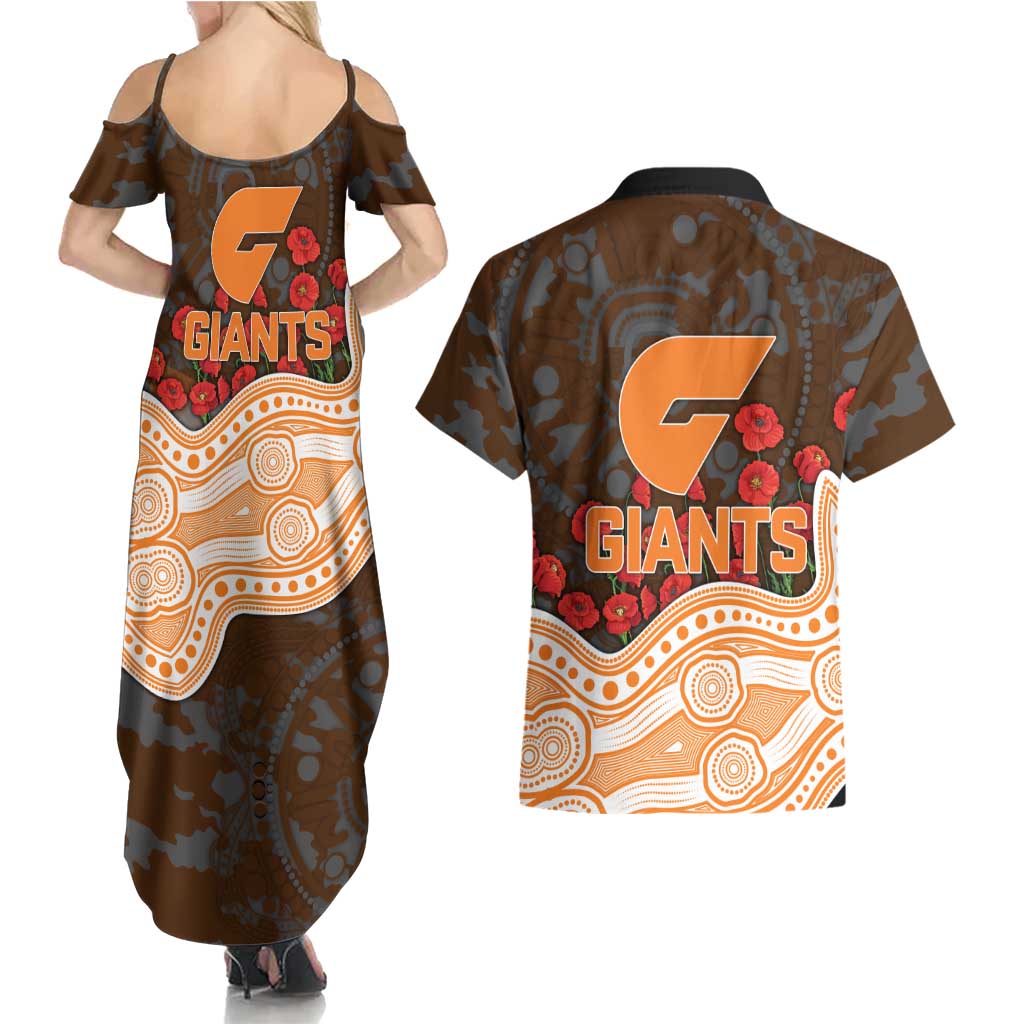 GWS Giants ANZAC Day Couples Matching Summer Maxi Dress and Hawaiian Shirt Indigenous Dot Art with Poppy Flower Tribute
