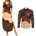 GWS Giants ANZAC Day Couples Matching Summer Maxi Dress and Long Sleeve Button Shirt Indigenous Dot Art with Poppy Flower Tribute