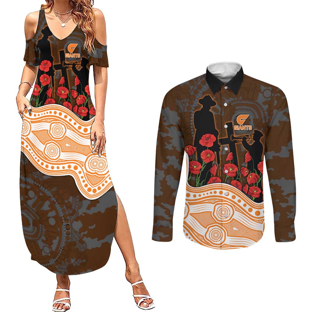 GWS Giants ANZAC Day Couples Matching Summer Maxi Dress and Long Sleeve Button Shirt Indigenous Dot Art with Poppy Flower Tribute