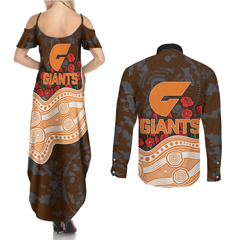 GWS Giants ANZAC Day Couples Matching Summer Maxi Dress and Long Sleeve Button Shirt Indigenous Dot Art with Poppy Flower Tribute