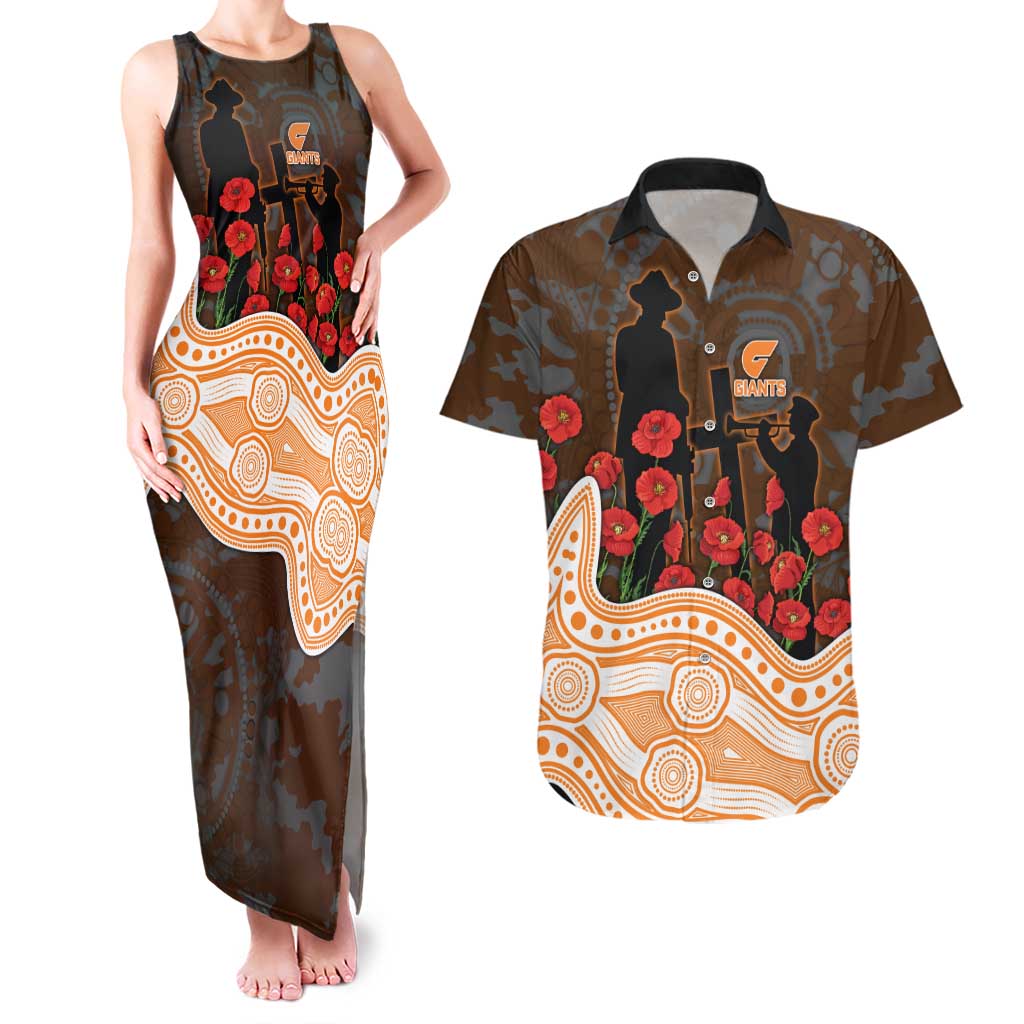 GWS Giants ANZAC Day Couples Matching Tank Maxi Dress and Hawaiian Shirt Indigenous Dot Art with Poppy Flower Tribute