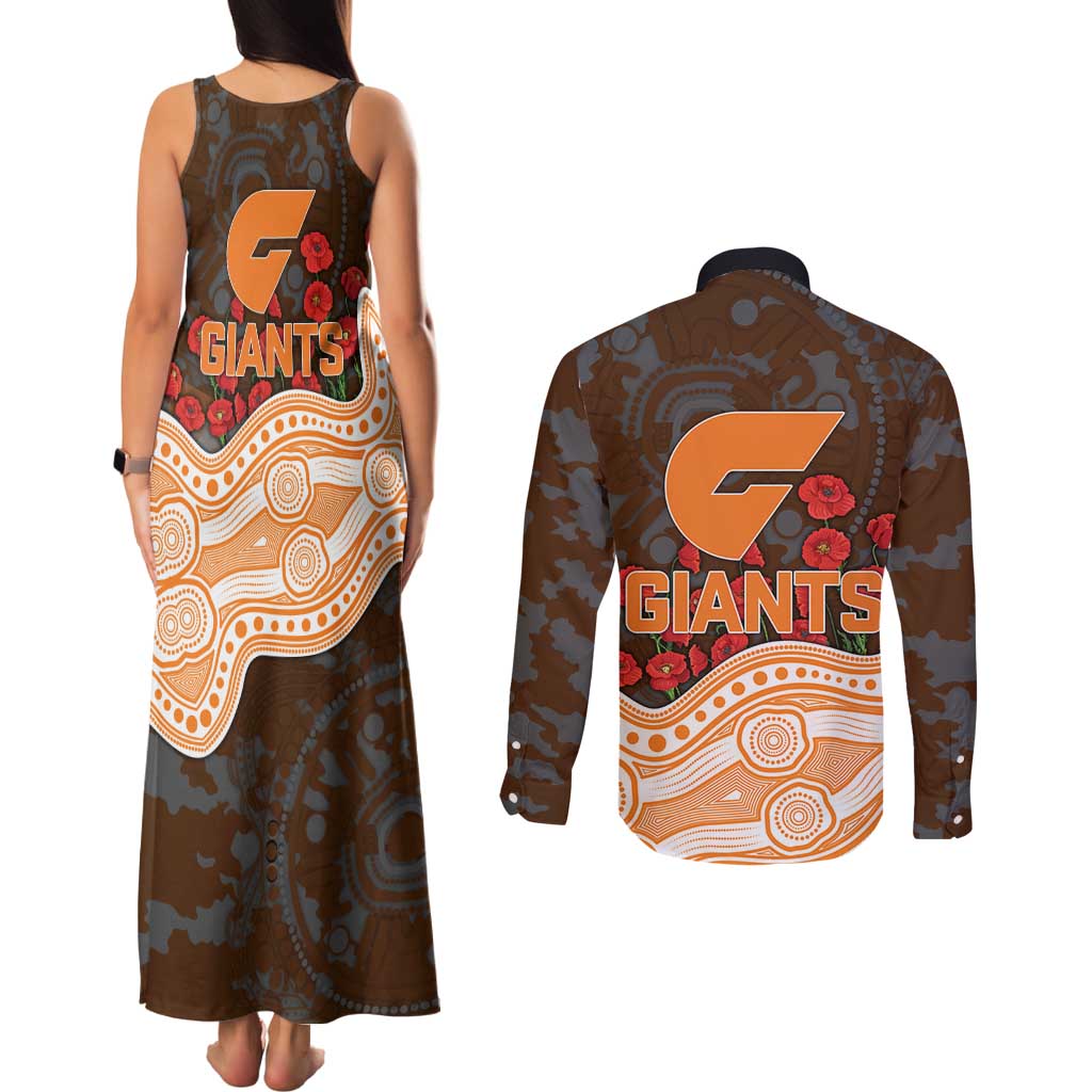 GWS Giants ANZAC Day Couples Matching Tank Maxi Dress and Long Sleeve Button Shirt Indigenous Dot Art with Poppy Flower Tribute