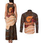 GWS Giants ANZAC Day Couples Matching Tank Maxi Dress and Long Sleeve Button Shirt Indigenous Dot Art with Poppy Flower Tribute