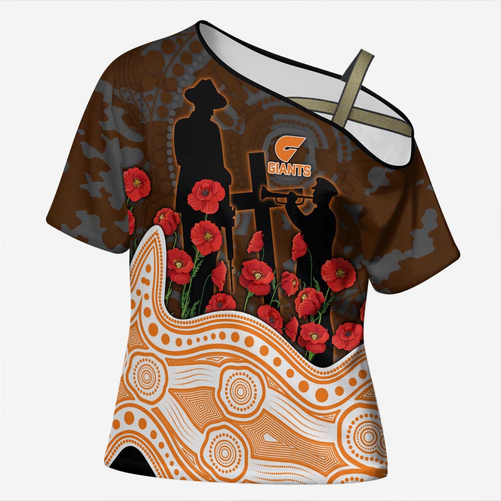 GWS Giants ANZAC Day Cross Shoulder Shirt Indigenous Dot Art with Poppy Flower Tribute