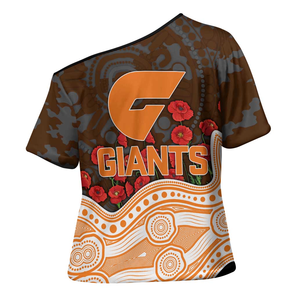 GWS Giants ANZAC Day Cross Shoulder Shirt Indigenous Dot Art with Poppy Flower Tribute