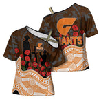 GWS Giants ANZAC Day Cross Shoulder Shirt Indigenous Dot Art with Poppy Flower Tribute