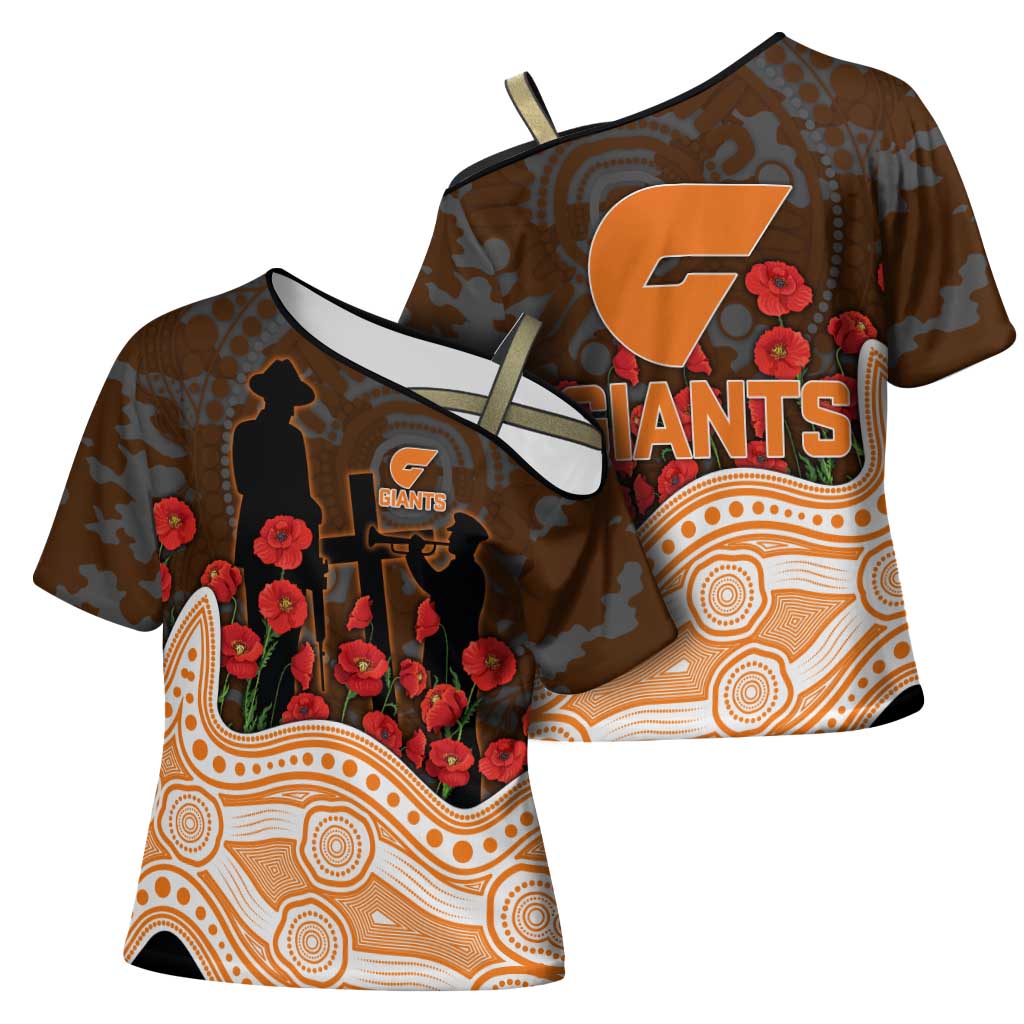 GWS Giants ANZAC Day Cross Shoulder Shirt Indigenous Dot Art with Poppy Flower Tribute