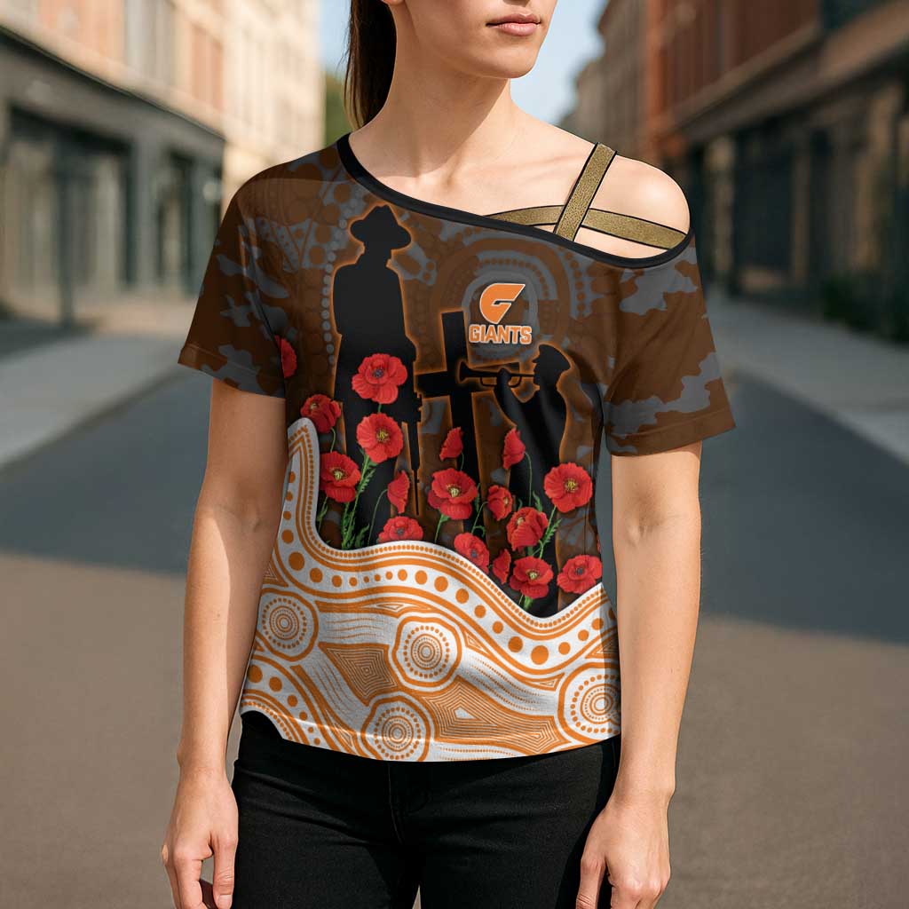 GWS Giants ANZAC Day Cross Shoulder Shirt Indigenous Dot Art with Poppy Flower Tribute