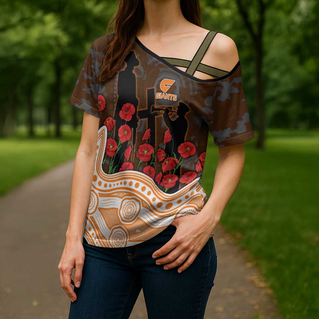 GWS Giants ANZAC Day Cross Shoulder Shirt Indigenous Dot Art with Poppy Flower Tribute