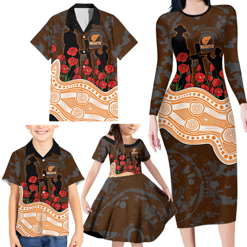 GWS Giants ANZAC Day Family Matching Long Sleeve Bodycon Dress and Hawaiian Shirt Indigenous Dot Art with Poppy Flower Tribute