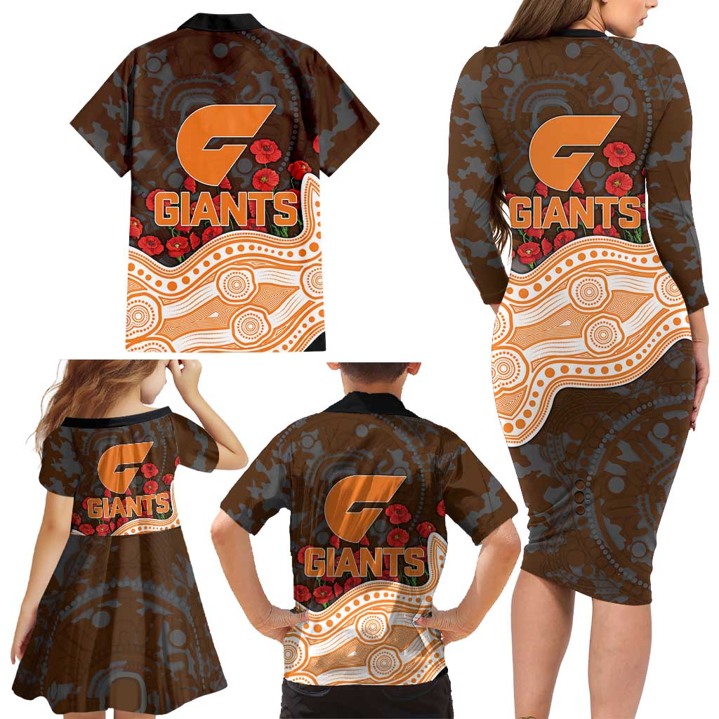 GWS Giants ANZAC Day Family Matching Long Sleeve Bodycon Dress and Hawaiian Shirt Indigenous Dot Art with Poppy Flower Tribute