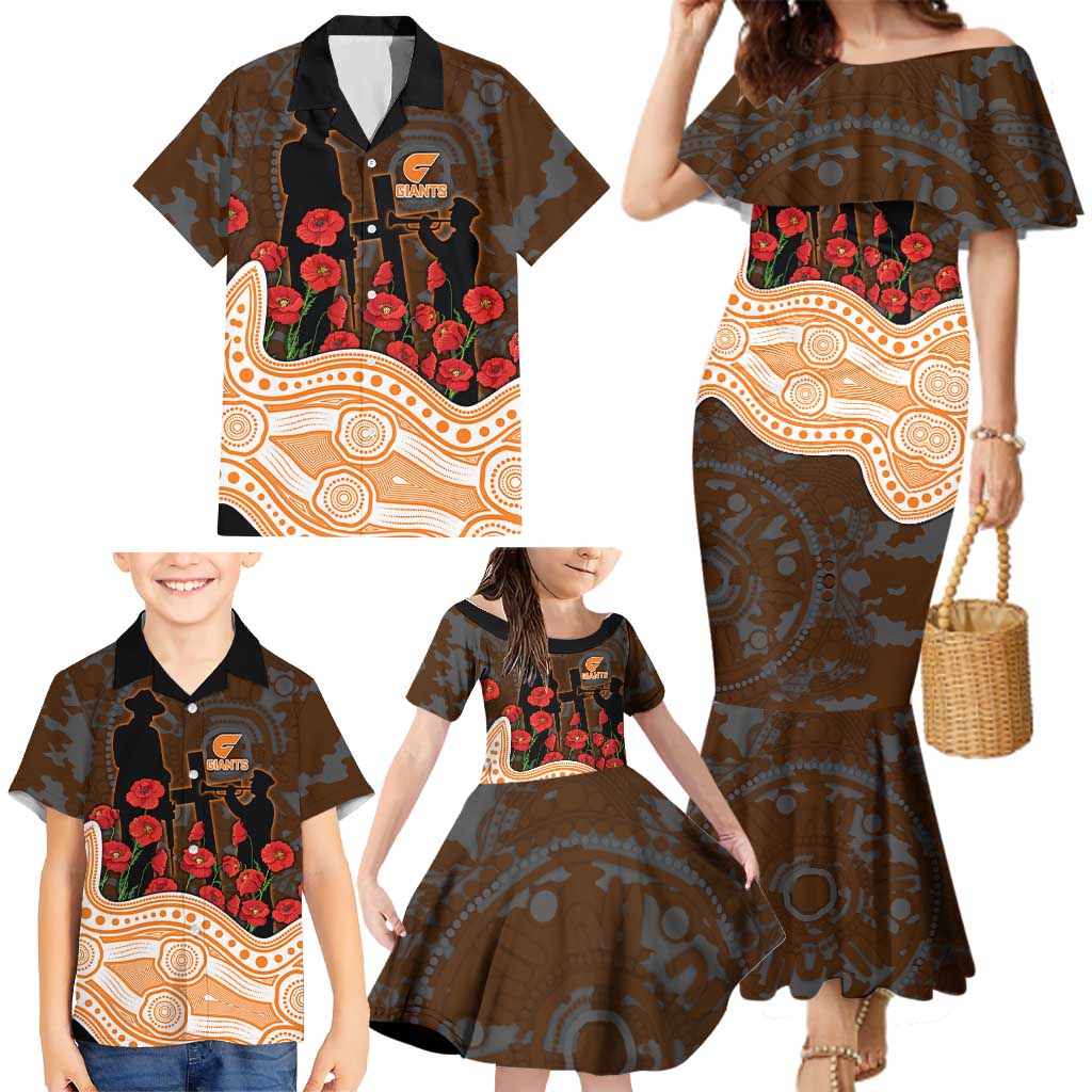 GWS Giants ANZAC Day Family Matching Mermaid Dress and Hawaiian Shirt Indigenous Dot Art with Poppy Flower Tribute