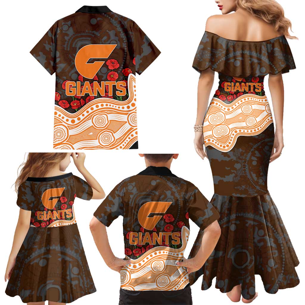 GWS Giants ANZAC Day Family Matching Mermaid Dress and Hawaiian Shirt Indigenous Dot Art with Poppy Flower Tribute