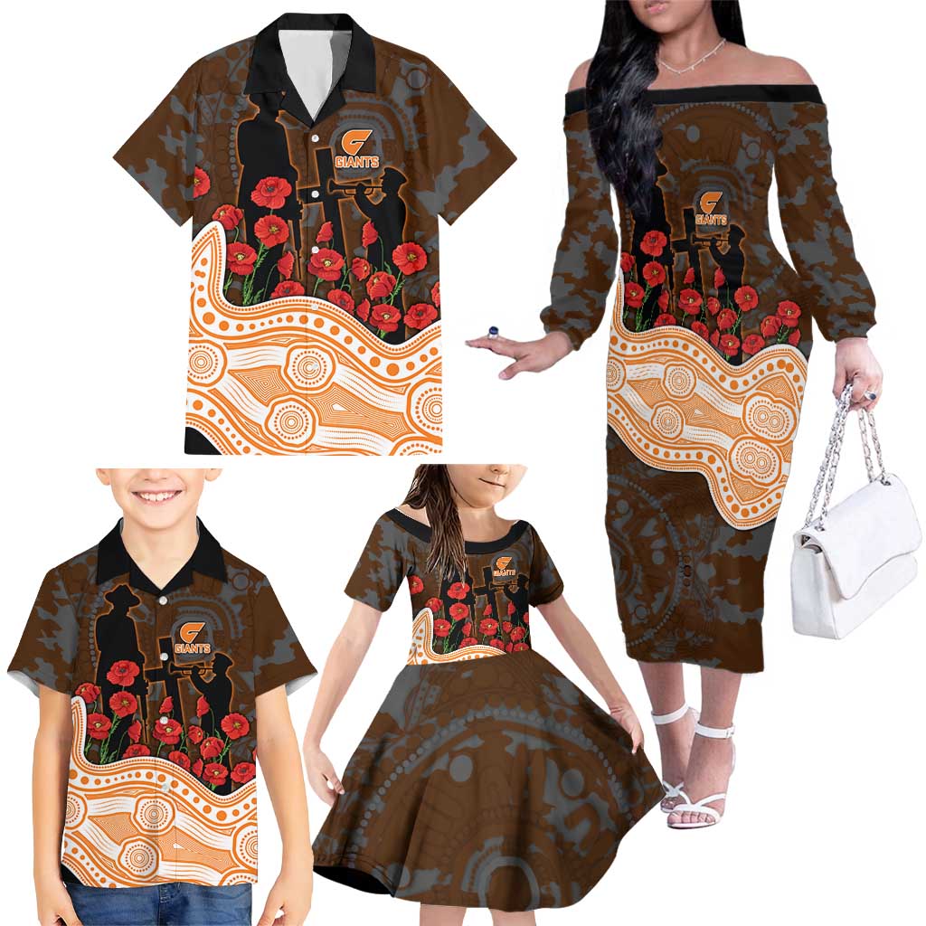 GWS Giants ANZAC Day Family Matching Off The Shoulder Long Sleeve Dress and Hawaiian Shirt Indigenous Dot Art with Poppy Flower Tribute