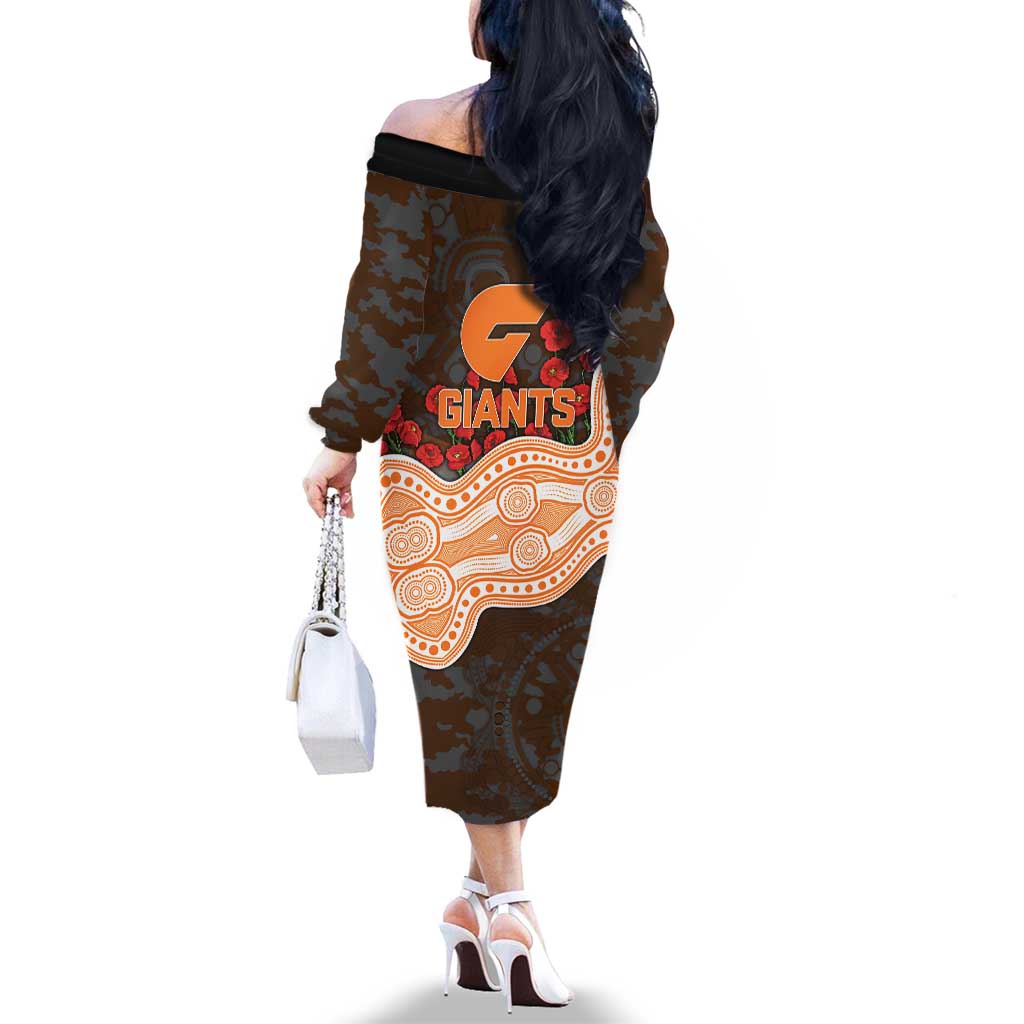 GWS Giants ANZAC Day Family Matching Off The Shoulder Long Sleeve Dress and Hawaiian Shirt Indigenous Dot Art with Poppy Flower Tribute