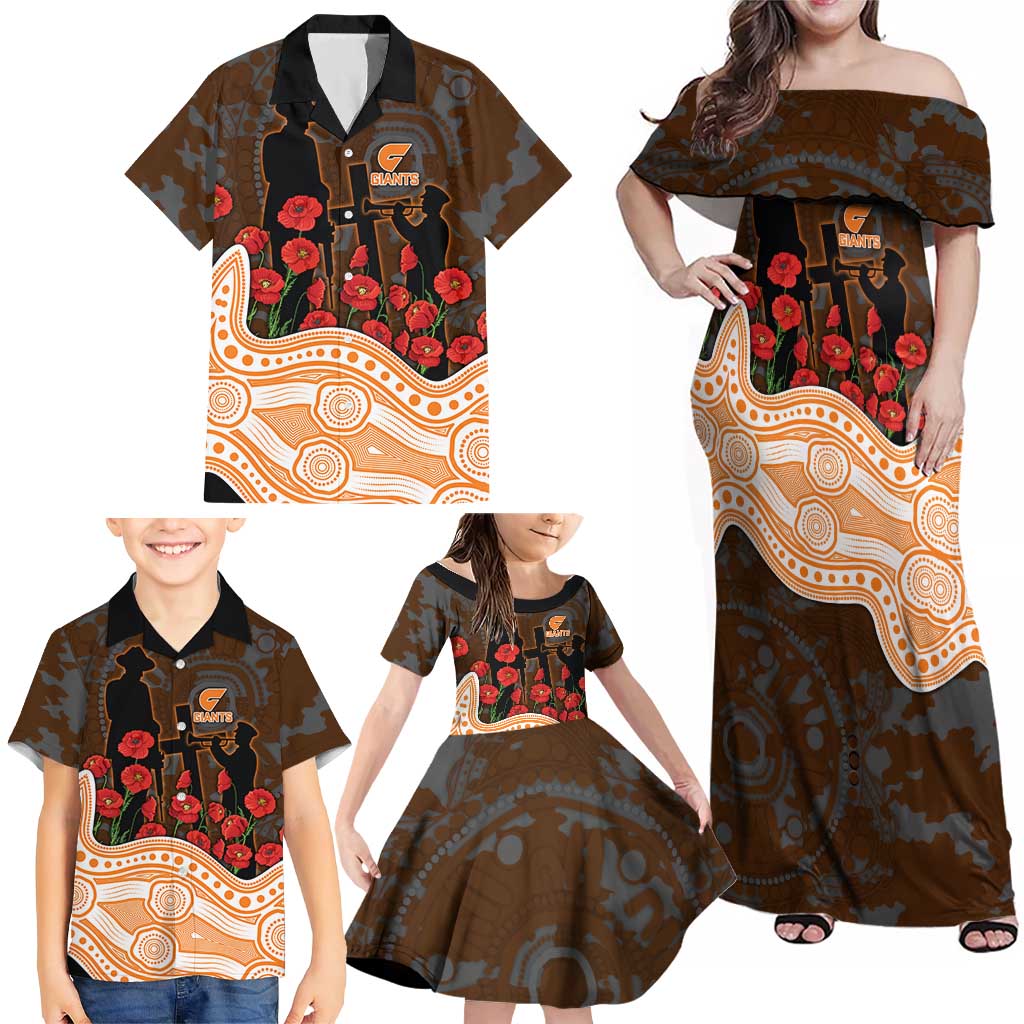 GWS Giants ANZAC Day Family Matching Off Shoulder Maxi Dress and Hawaiian Shirt Indigenous Dot Art with Poppy Flower Tribute