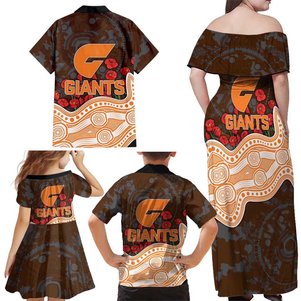 GWS Giants ANZAC Day Family Matching Off Shoulder Maxi Dress and Hawaiian Shirt Indigenous Dot Art with Poppy Flower Tribute