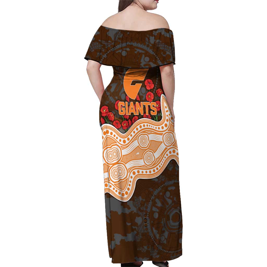 GWS Giants ANZAC Day Family Matching Off Shoulder Maxi Dress and Hawaiian Shirt Indigenous Dot Art with Poppy Flower Tribute