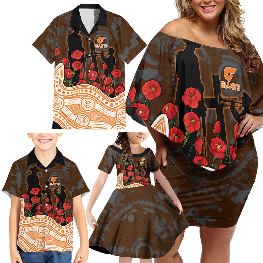 GWS Giants ANZAC Day Family Matching Off Shoulder Short Dress and Hawaiian Shirt Indigenous Dot Art with Poppy Flower Tribute