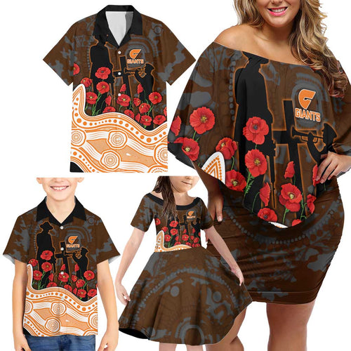 GWS Giants ANZAC Day Family Matching Off Shoulder Short Dress and Hawaiian Shirt Indigenous Dot Art with Poppy Flower Tribute