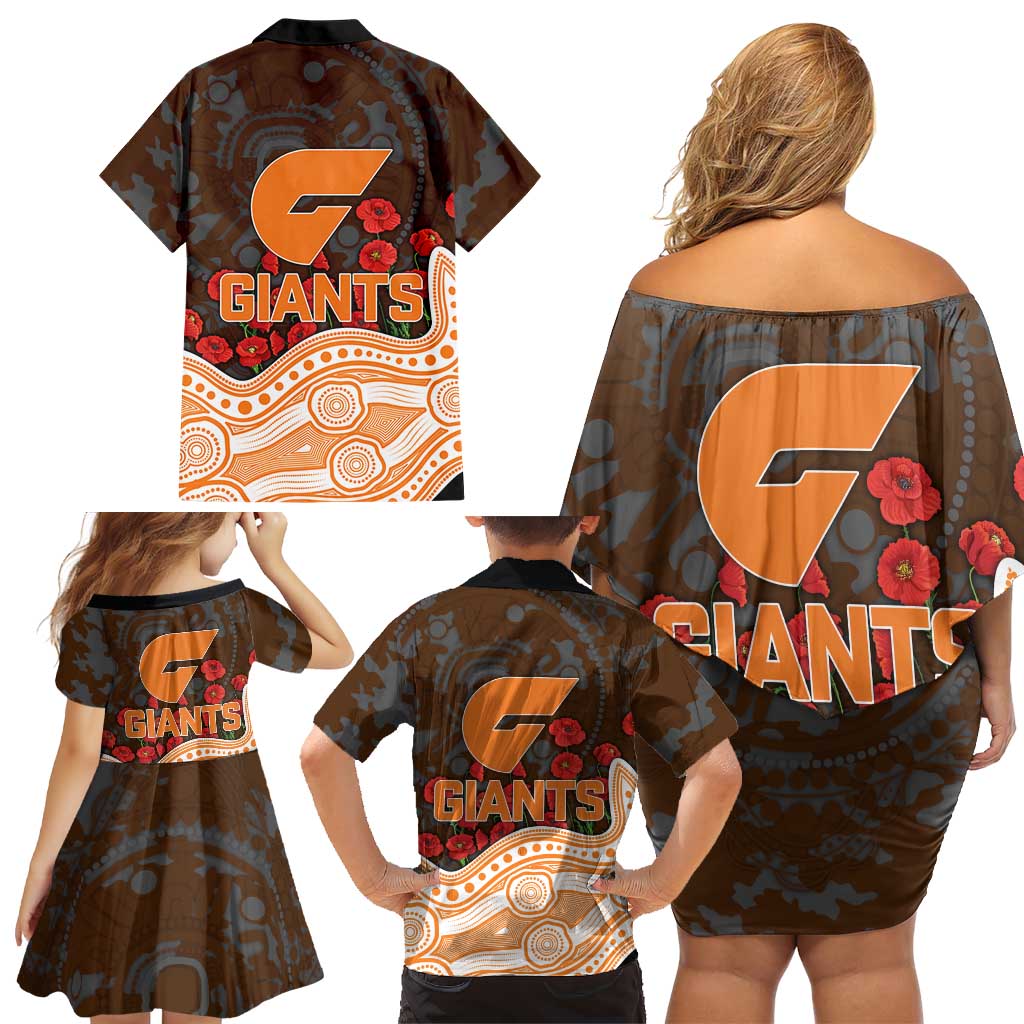 GWS Giants ANZAC Day Family Matching Off Shoulder Short Dress and Hawaiian Shirt Indigenous Dot Art with Poppy Flower Tribute