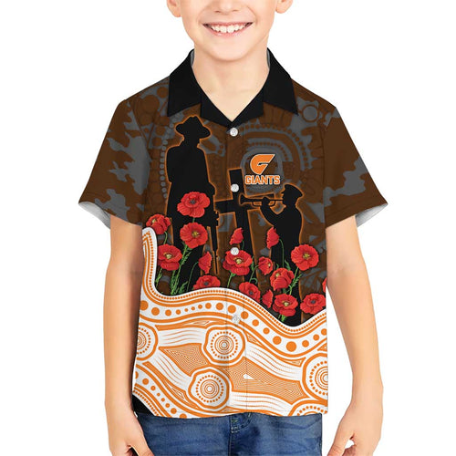 GWS Giants ANZAC Day Family Matching Off Shoulder Short Dress and Hawaiian Shirt Indigenous Dot Art with Poppy Flower Tribute