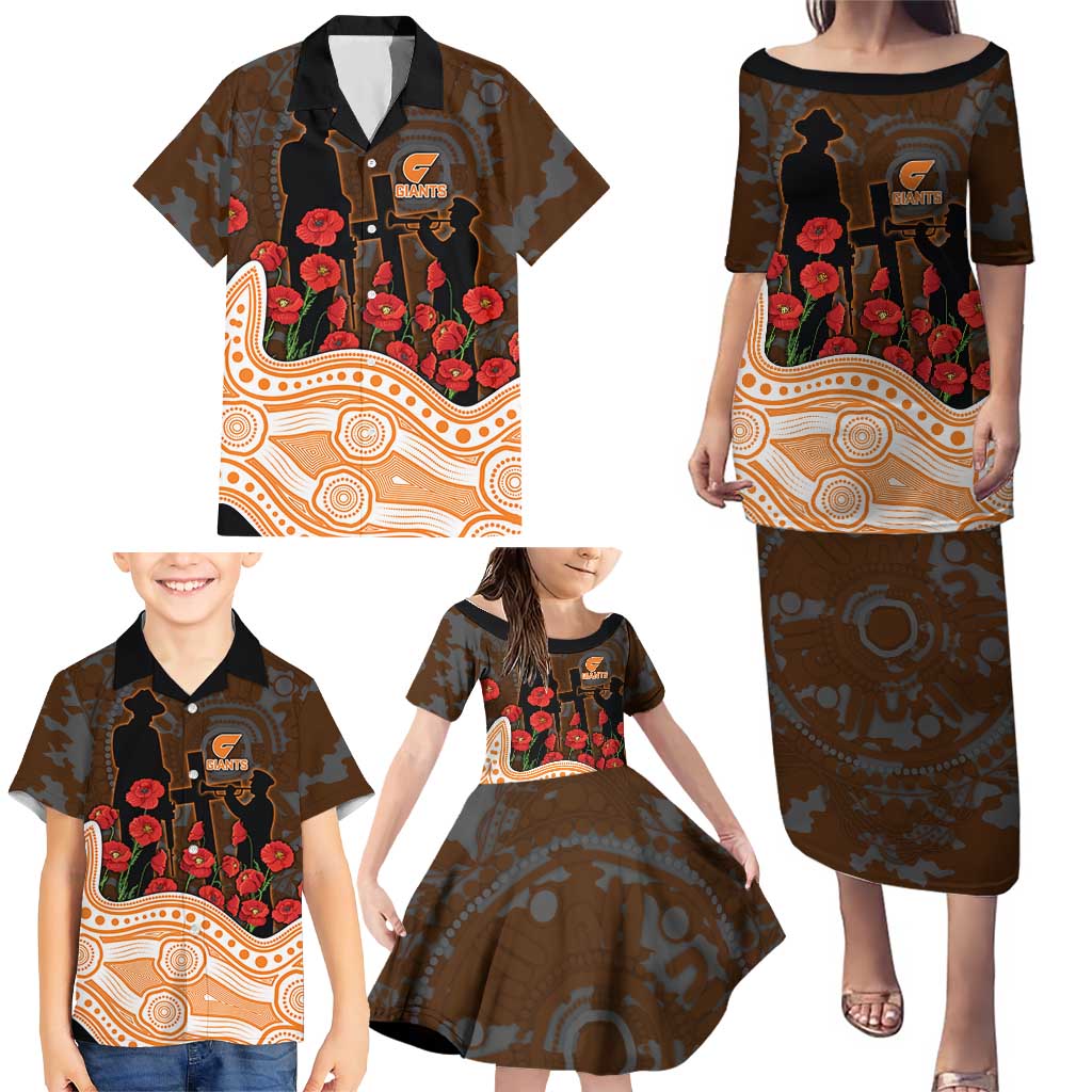 GWS Giants ANZAC Day Family Matching Puletasi and Hawaiian Shirt Indigenous Dot Art with Poppy Flower Tribute