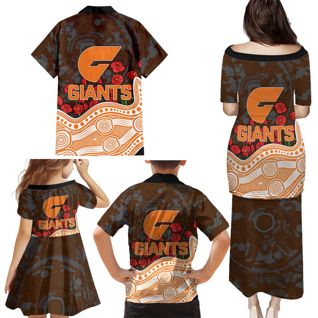 GWS Giants ANZAC Day Family Matching Puletasi and Hawaiian Shirt Indigenous Dot Art with Poppy Flower Tribute