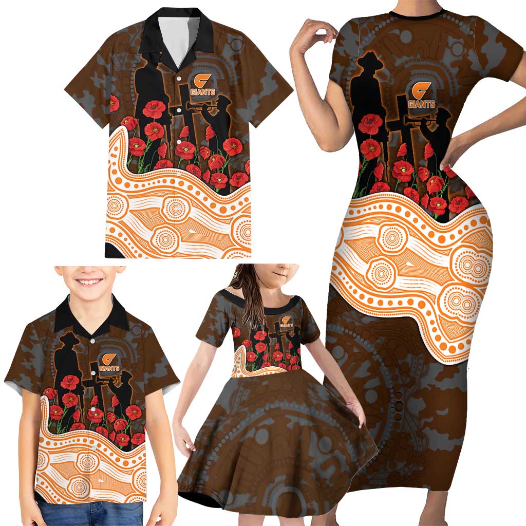 GWS Giants ANZAC Day Family Matching Short Sleeve Bodycon Dress and Hawaiian Shirt Indigenous Dot Art with Poppy Flower Tribute