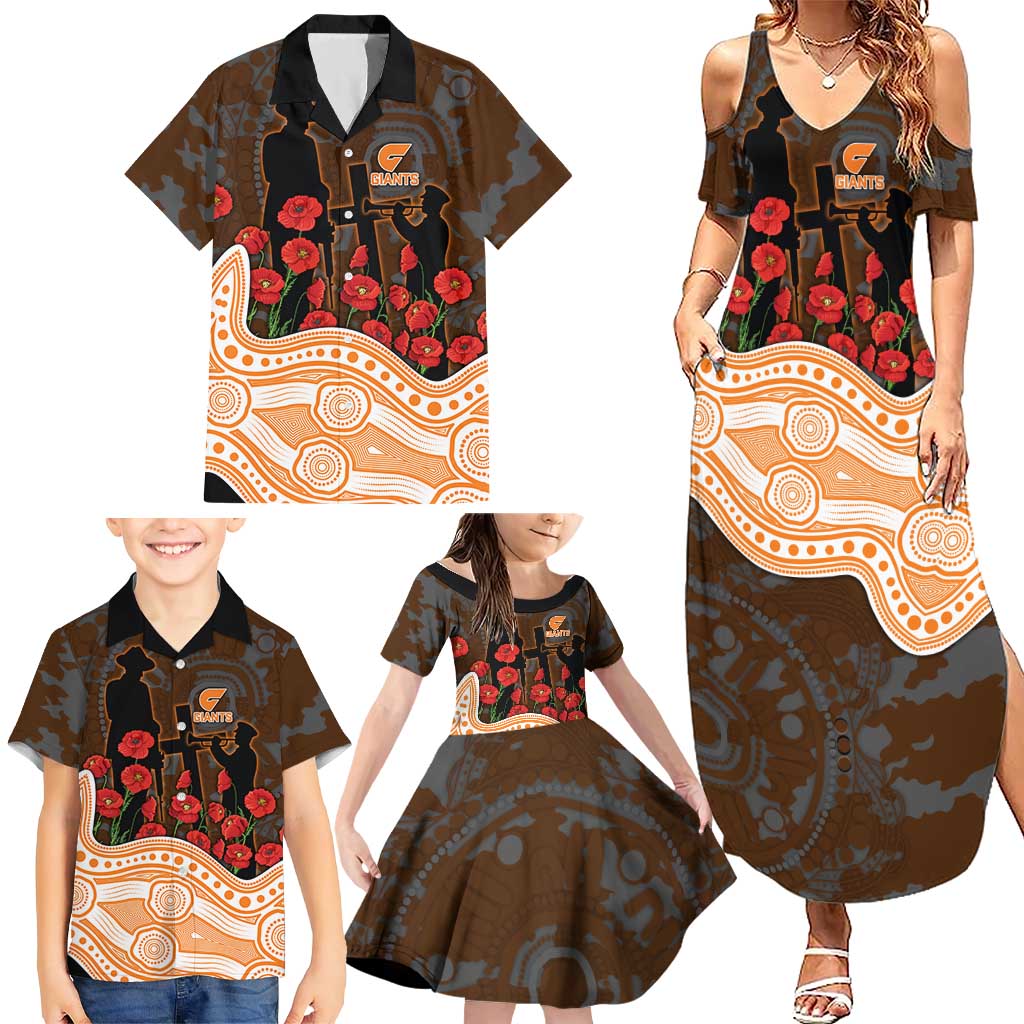 GWS Giants ANZAC Day Family Matching Summer Maxi Dress and Hawaiian Shirt Indigenous Dot Art with Poppy Flower Tribute