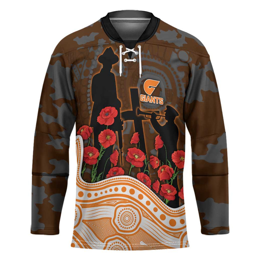 GWS Giants ANZAC Day Hockey Jersey Indigenous Dot Art with Poppy Flower Tribute