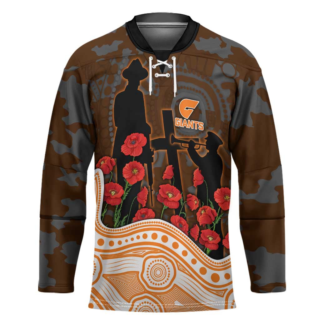 GWS Giants ANZAC Day Hockey Jersey Indigenous Dot Art with Poppy Flower Tribute