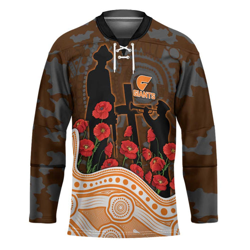 GWS Giants ANZAC Day Hockey Jersey Indigenous Dot Art with Poppy Flower Tribute