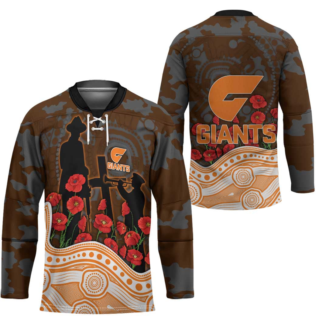 GWS Giants ANZAC Day Hockey Jersey Indigenous Dot Art with Poppy Flower Tribute