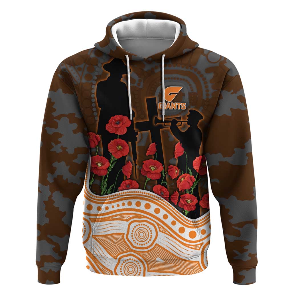 GWS Giants ANZAC Day Hoodie Indigenous Dot Art with Poppy Flower Tribute
