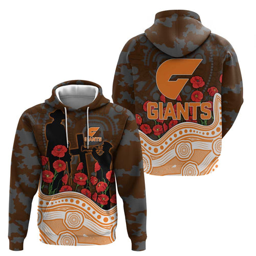 GWS Giants ANZAC Day Hoodie Indigenous Dot Art with Poppy Flower Tribute