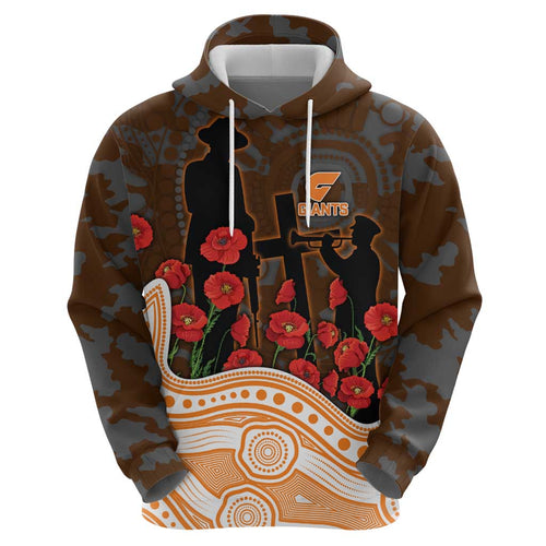 GWS Giants ANZAC Day Hoodie Indigenous Dot Art with Poppy Flower Tribute