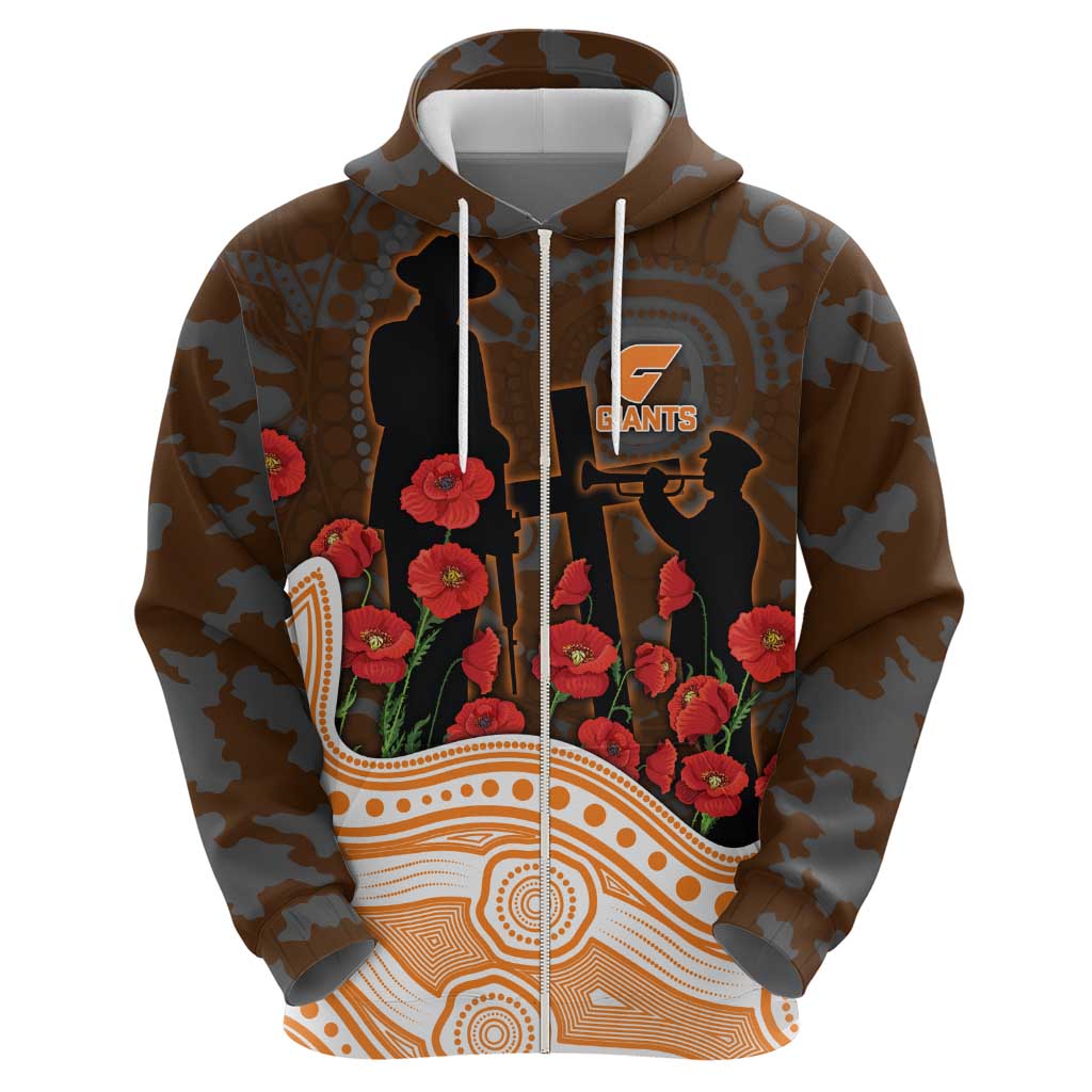 GWS Giants ANZAC Day Hoodie Indigenous Dot Art with Poppy Flower Tribute