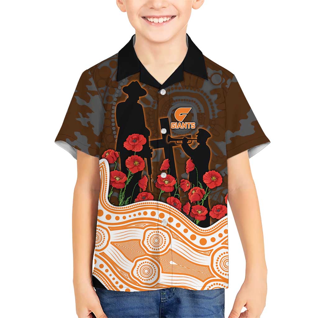 GWS Giants ANZAC Day Kid Hawaiian Shirt Indigenous Dot Art with Poppy Flower Tribute