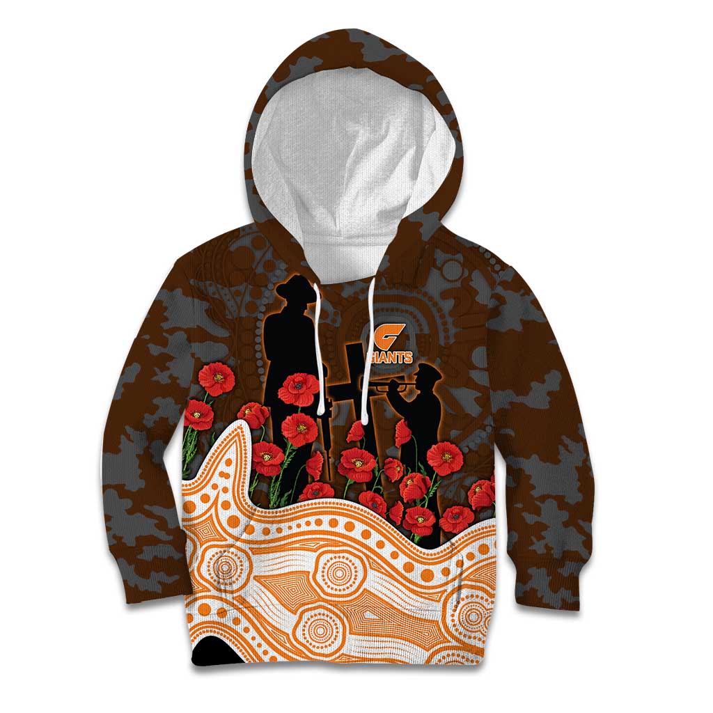 GWS Giants ANZAC Day Kid Hoodie Indigenous Dot Art with Poppy Flower Tribute