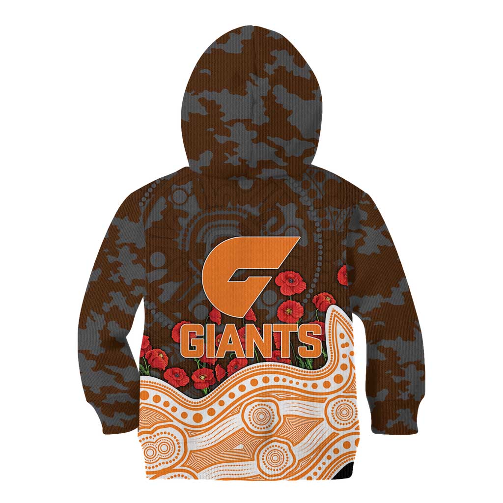 GWS Giants ANZAC Day Kid Hoodie Indigenous Dot Art with Poppy Flower Tribute