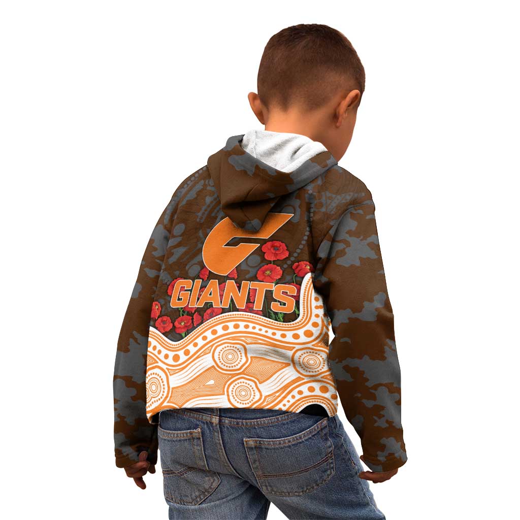 GWS Giants ANZAC Day Kid Hoodie Indigenous Dot Art with Poppy Flower Tribute