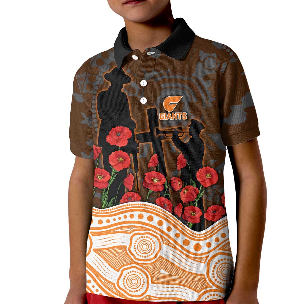 GWS Giants ANZAC Day Kid Polo Shirt Indigenous Dot Art with Poppy Flower Tribute