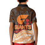 GWS Giants ANZAC Day Kid Polo Shirt Indigenous Dot Art with Poppy Flower Tribute