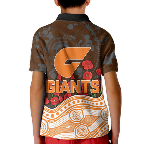GWS Giants ANZAC Day Kid Polo Shirt Indigenous Dot Art with Poppy Flower Tribute
