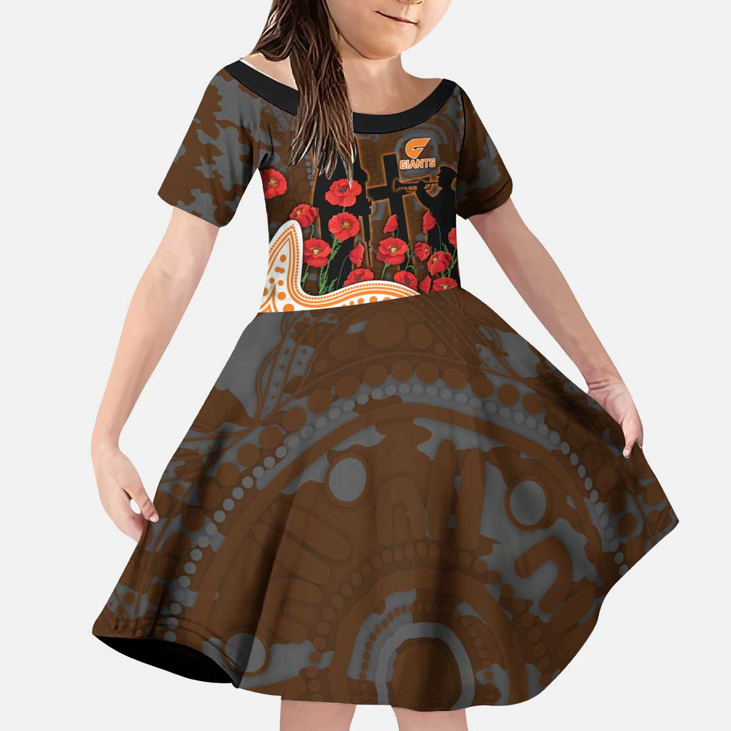 GWS Giants ANZAC Day Kid Short Sleeve Dress Indigenous Dot Art with Poppy Flower Tribute