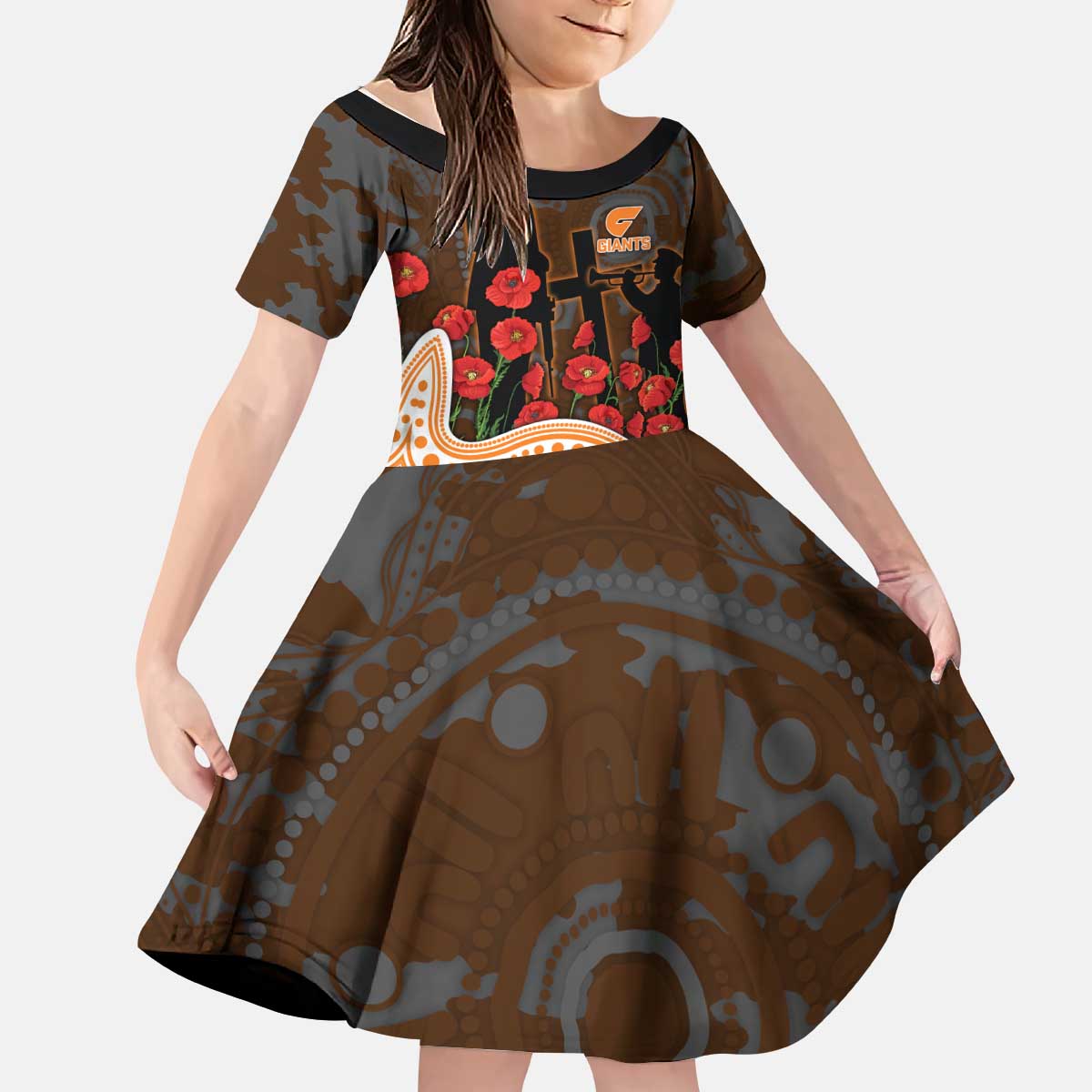 GWS Giants ANZAC Day Kid Short Sleeve Dress Indigenous Dot Art with Poppy Flower Tribute