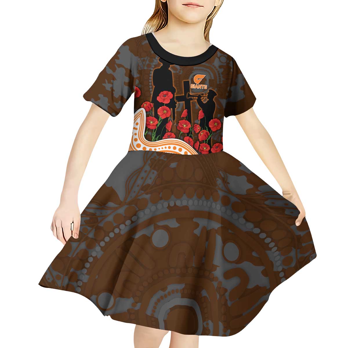 GWS Giants ANZAC Day Kid Short Sleeve Dress Indigenous Dot Art with Poppy Flower Tribute